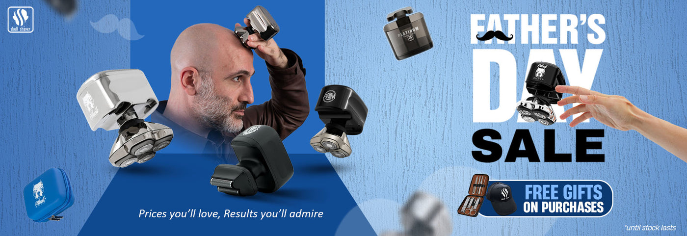 Skull Shaver Father's Day Sale banner showcasing man using a Skull Shaver on his head, surrounded by floating Skull shavers.  Text: ‘FATHER’S DAY SALE’ logo with a mustache icon. A hand holds a shaver on the right.  Includes the offer: 'Free gifts on purchases.' Limited stock available. Skull Shaver logo on top left. Text: ‘Prices you’ll love, Results you’ll admire’