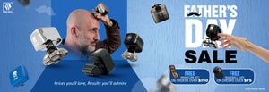 Skull Shaver Father's Day Sale banner showcasing man using a Skull Shaver on his head, surrounded by floating Skull shavers.  Text: ‘FATHER’S DAY SALE’ logo with a mustache icon. A hand holds a shaver on the right.  Includes the offer: 'Free gifts on purchases.' Limited stock available. Skull Shaver logo on top left. Text: ‘Prices you’ll love, Results you’ll admire’
