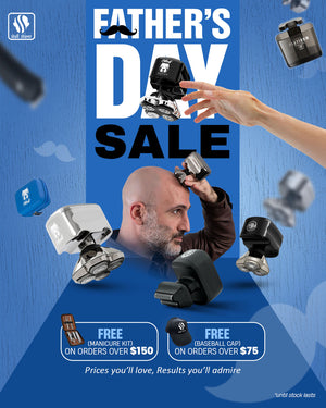 Skull Shaver Father's Day Sale banner showcasing man using a Skull Shaver on his head, surrounded by floating Skull shavers.  Text: ‘FATHER’S DAY SALE’ logo with a mustache icon. A hand holds a shaver on the right.  Includes the offer: 'Free gifts on purchases.' Limited stock available. Skull Shaver logo on top left. Text: ‘Prices you’ll love, Results you’ll admire’



