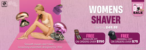 Skull Shaver Father's Day Sale banner highlighting the 'Women’s Shaver' starting at $49.99 Features a woman in a beige bodysuit surrounded by shavers floating around. Text: ‘Smooth moves start here... Grooming essentials for YOU’ Includes the offer: 'Free gifts on purchases.' Limited stock available. Skull Shaver logo on top left.

