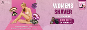 Skull Shaver Father's Day Sale banner highlighting the 'Women’s Shaver' starting at $49.99 Features a woman in a beige bodysuit surrounded by shavers floating around. Text: ‘Smooth moves start here... Grooming essentials for YOU’ Includes the offer: 'Free gifts on purchases.' Limited stock available. Skull Shaver logo on top left.