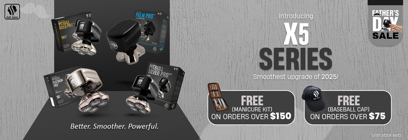 Skull Shaver Father's Day Sale banner highlighting the new X5 Series models Gold Pro GX5, Platinum PX5, Silver SX5, and Palm MX5. Text reads ‘Introducing X5 SERIES – Smoothest upgrade of 2025’ ‘Better. Smoother. Powerful.’ Includes the offer: 'Free gifts on purchases.' Limited stock available. Skull Shaver logo on top left.
