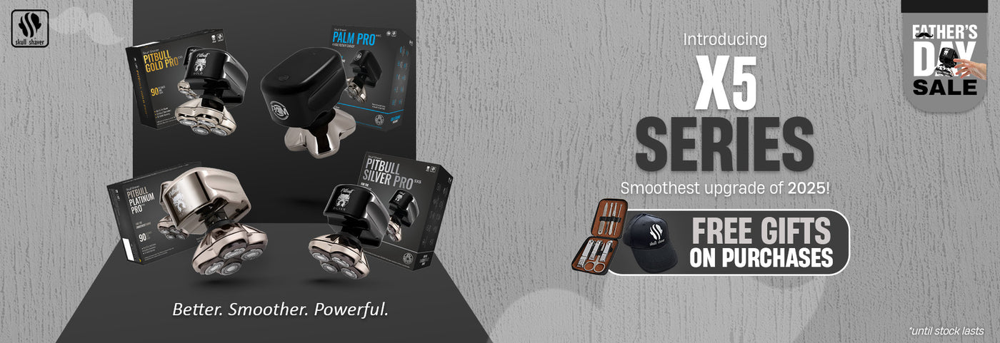 Skull Shaver Father's Day Sale banner highlighting the new X5 Series models Gold Pro GX5, Platinum PX5, Silver SX5, and Palm MX5. Text reads ‘Introducing X5 SERIES – Smoothest upgrade of 2025’ ‘Better. Smoother. Powerful.’ Includes the offer: 'Free gifts on purchases.' Limited stock available. Skull Shaver logo on top left.