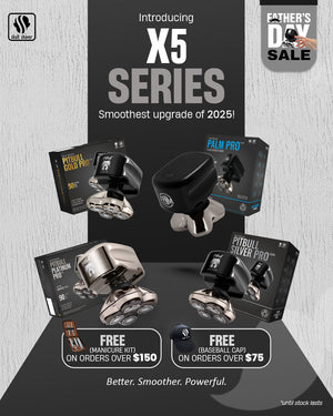 Skull Shaver Father's Day Sale banner highlighting the new X5 Series models Gold Pro GX5, Platinum PX5, Silver SX5, and Palm MX5. Text reads ‘Introducing X5 SERIES – Smoothest upgrade of 2025’ ‘Better. Smoother. Powerful.’ Includes the offer: 'Free gifts on purchases.' Limited stock available. Skull Shaver logo on top left.

