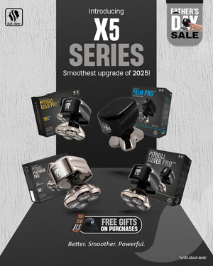 Skull Shaver Father's Day Sale banner highlighting the new X5 Series models Gold Pro GX5, Platinum PX5, Silver SX5, and Palm MX5. Text reads ‘Introducing X5 SERIES – Smoothest upgrade of 2025’ ‘Better. Smoother. Powerful.’ Includes the offer: 'Free gifts on purchases.' Limited stock available. Skull Shaver logo on top left.