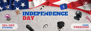 Skull shaver sale banner with the U.S. flag backdrop showcases floating Skull Shaver products. Bold blue and red text reads ‘INDEPENDENCE DAY Sale,’ with ‘Sale’ in cursive. The Skull Shaver logo appears in the top right. Promotional text highlights ‘10% OFF SITEWIDE’ and ‘CODE: FREEDOM’.
