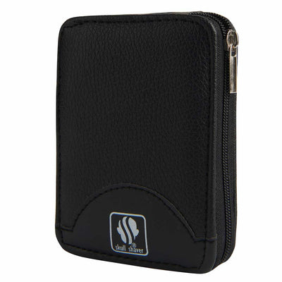 A manicure kit set of 8 tools including stainless steel nail clippers, scissors, and other nail care instruments, packed in a black case with a brown interior.
