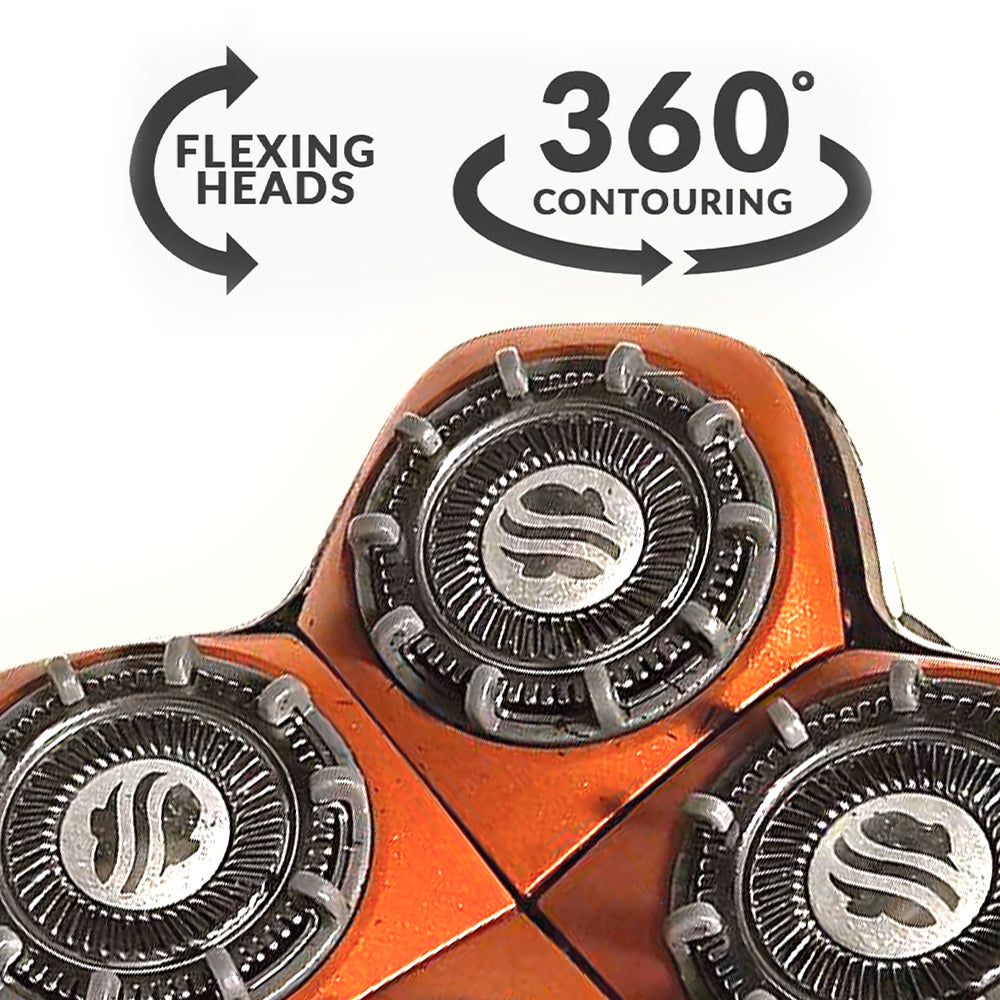 Close-up image of Skull Shaver Rugged™ Blade with an orange shaving blade head with three flexing rotary blades, featuring the Skull Shaver logo on each blade. The design highlights ‘Flexing Heads’ and ‘360° Contouring’ with circular arrows, emphasizing smooth and adaptable shaving performance.