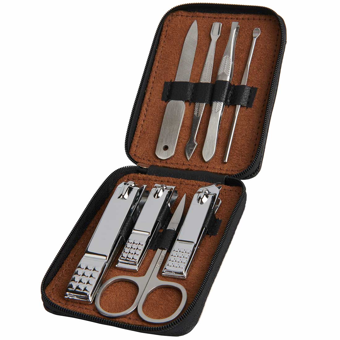 A manicure kit set of 8 tools including stainless steel nail clippers, scissors, and other nail care instruments, packed in a black case with a brown interior.