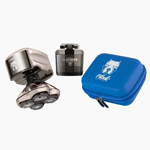 The Pitbull Platinum Pro Head and Face Shaver package includes a rinse stand and a travel case for added convenience and organization in your grooming routine. These accessories complement the shaver, making it easy to maintain and transport, enhancing your overall grooming experience.