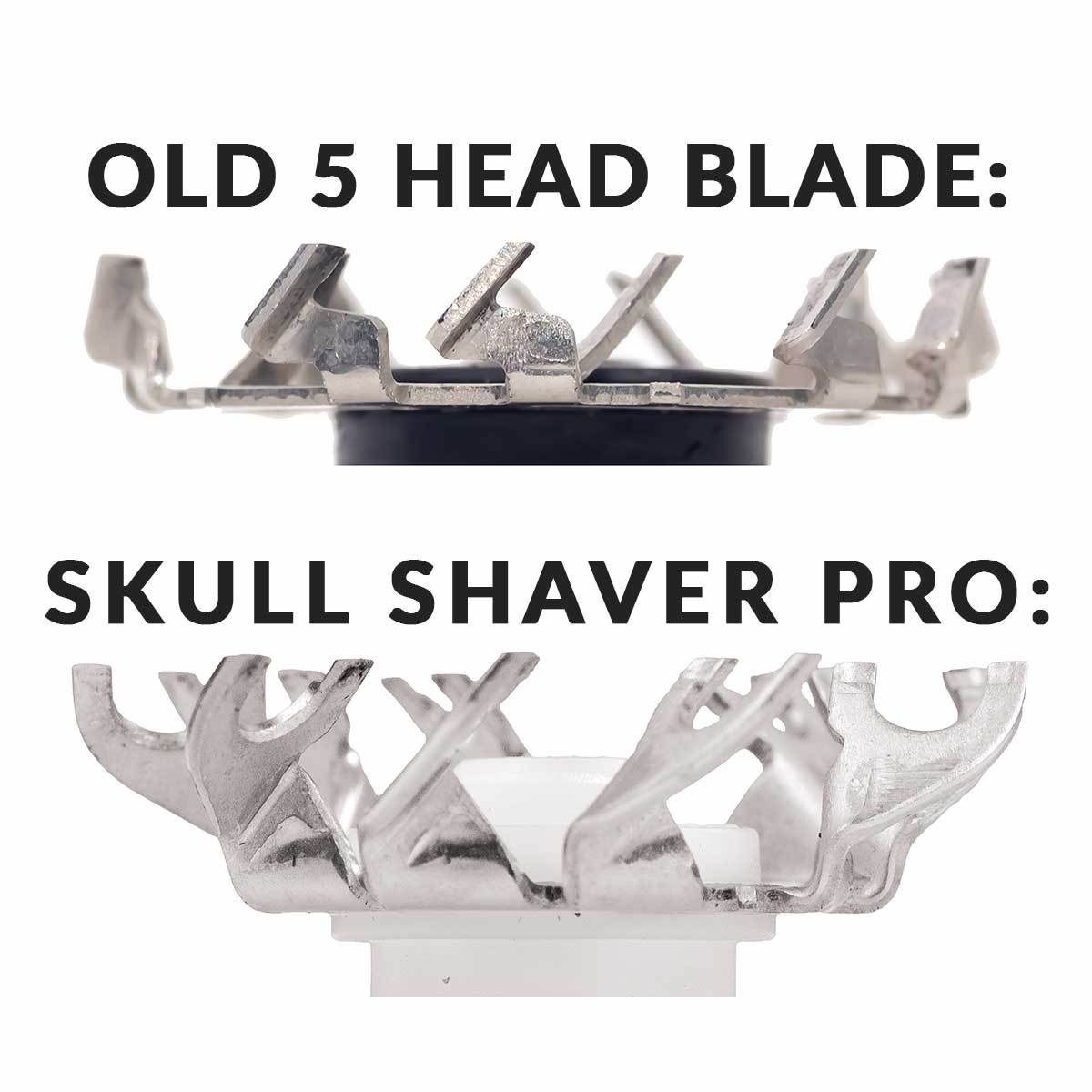 A picture showing side by side comparison of the old 5 head blade with the new Skull shaver pro blades