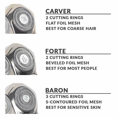 find the best replacement skull shaver blade for your skin type. three styles to try - Carver, Forte and Baron