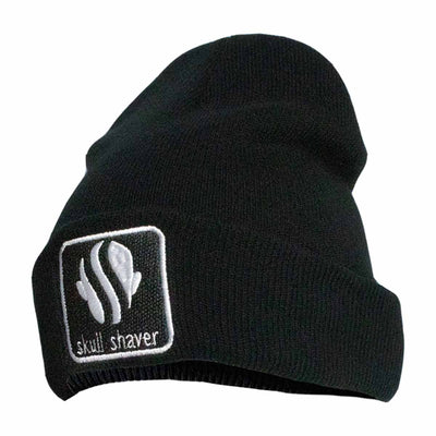 Black woven beanie winter hat with white embroidered skullshaver logo on front